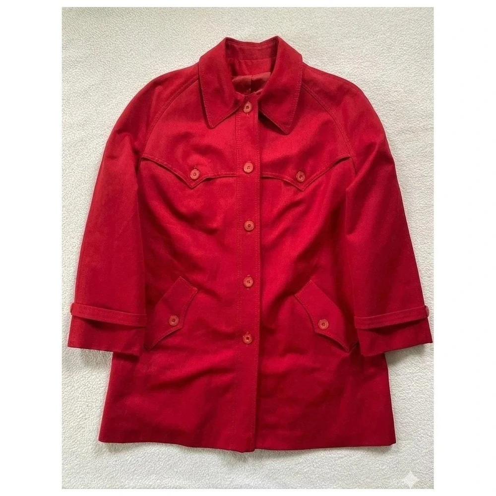 Vintage 60s Outer Banks Women Small Trench Coat Red Western‎ Yoke Rain Repellent